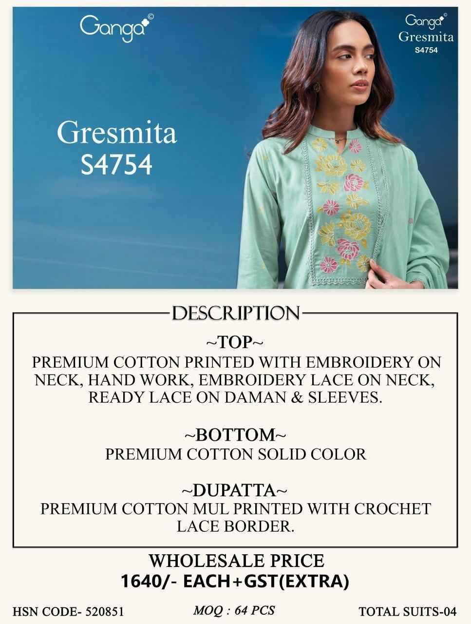 GRESMITA 4754 Series By Ganga Fashion Beautiful Festive Suits Stylish Colorful Fancy Casual Wear & Ethnic Wear PREMIUM COTTON Dresses At Wholesale Price